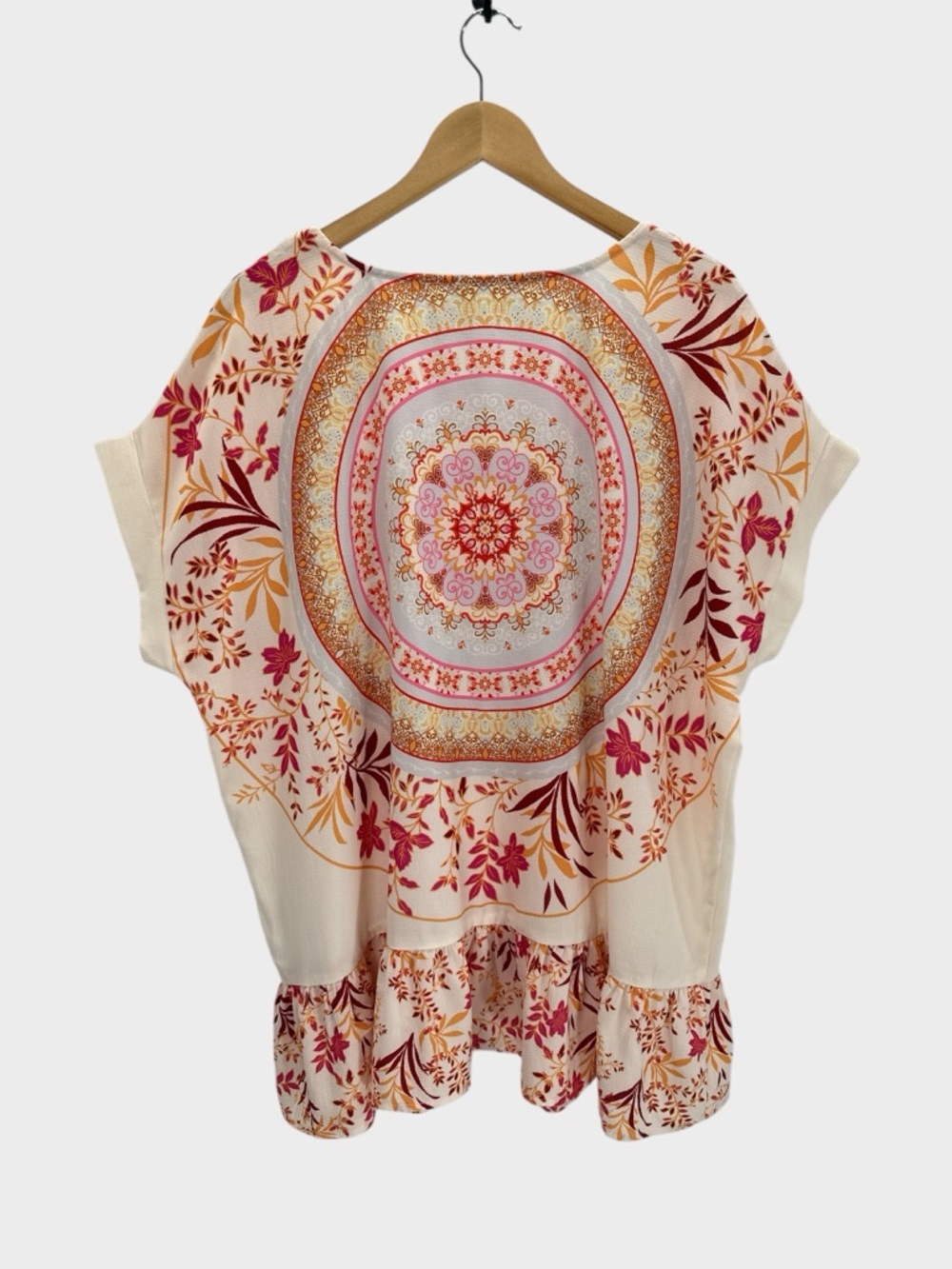 Umgee Medallion Mandala Floral Tunic Top Oversized Ruffle Hem Boho Artisan M - Picture 2 of 7